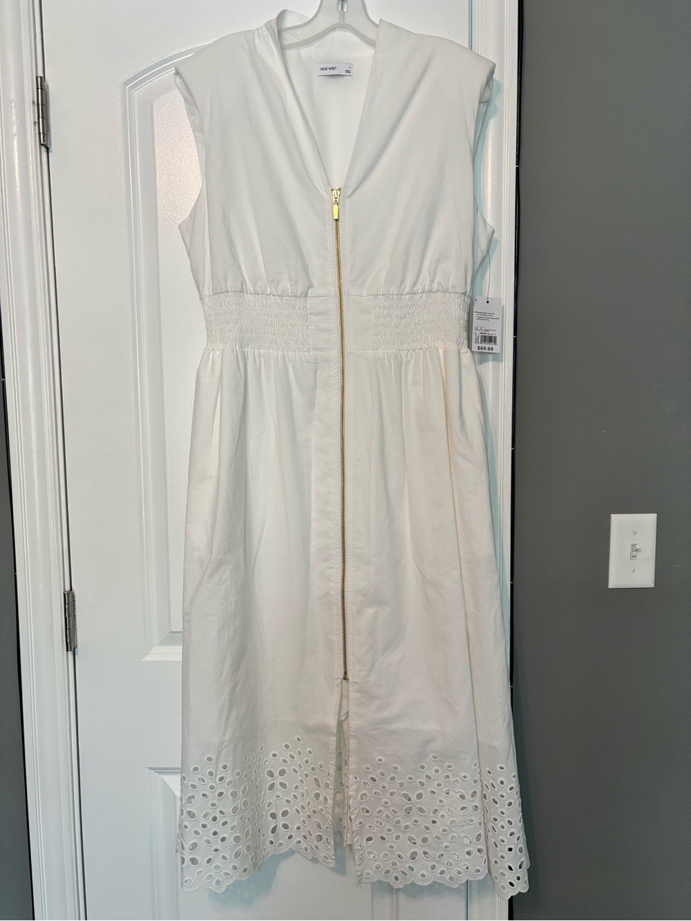 Nine West Cotton White Eyelet Midi Dress with Gold Zip Size Large